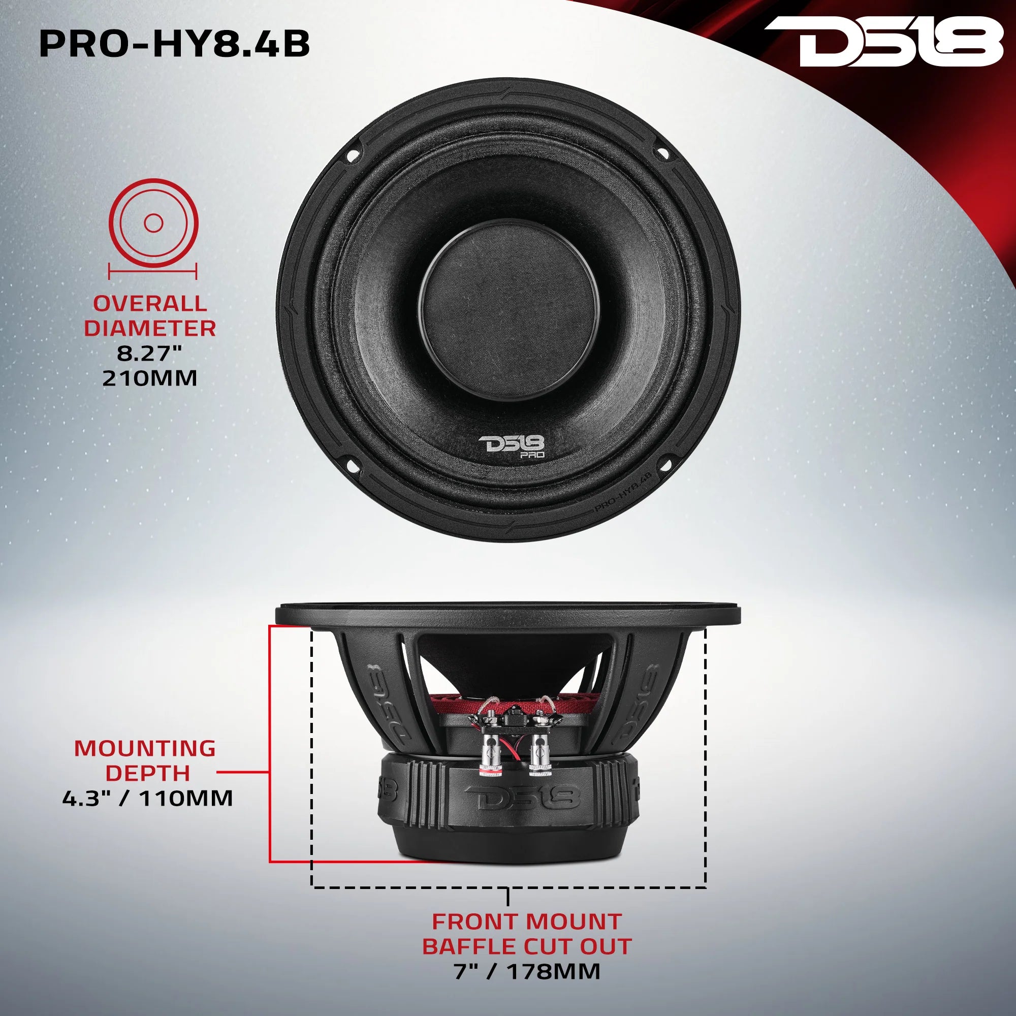 DS18 PRO 8" Coaxial Hybrid Mid-Range Water resistant Cone Loudspeaker with Built-in Driver 250 Watts Rms 4-Ohm (Single Unit)