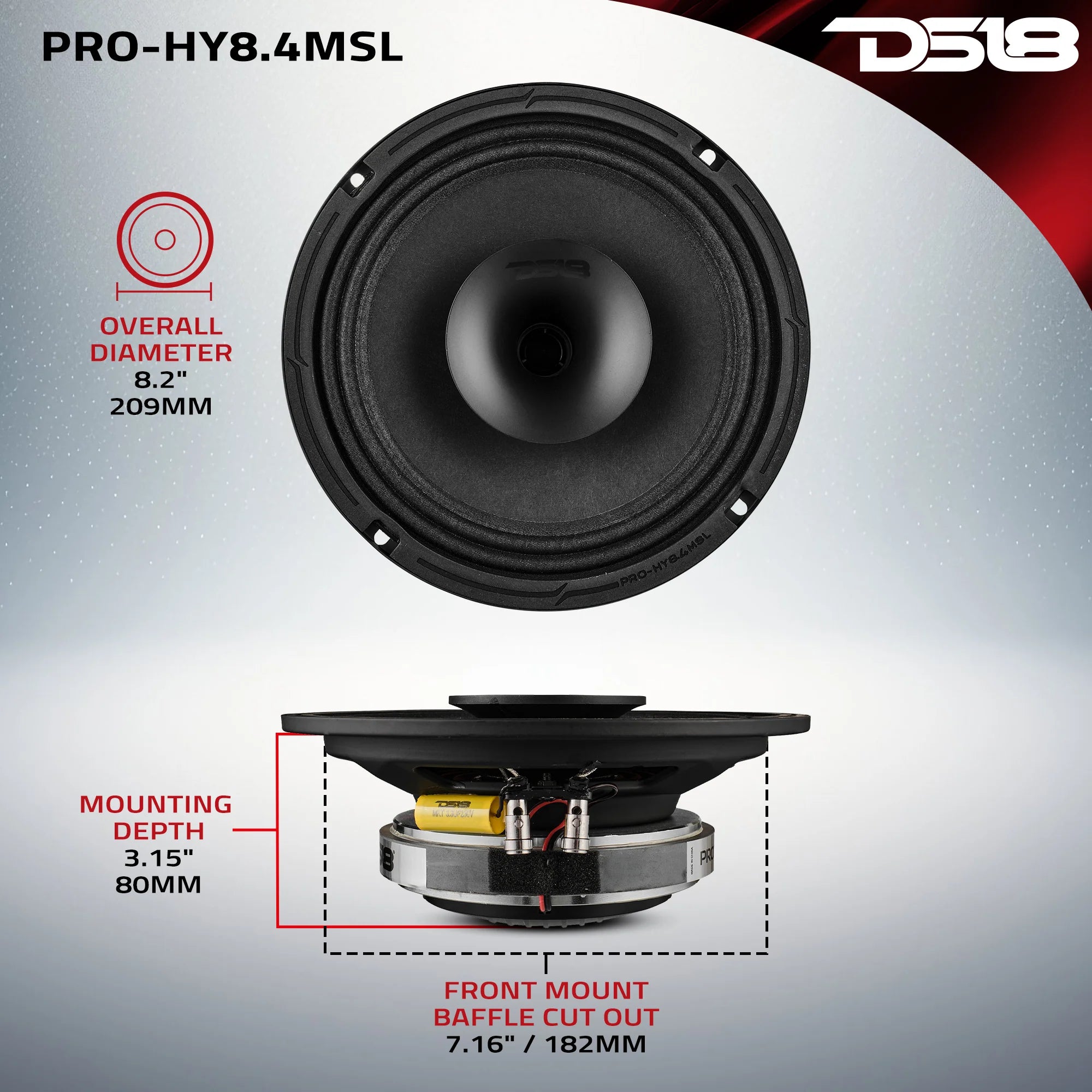 DS18 PRO 8" Shallow Coaxial Hybrid Mid-Range Loudspeaker with Built-in Driver 200 Watts Rms 8-Ohm (Single Unit)