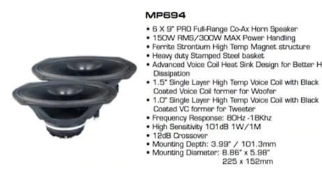 Diamond Audio 150W RMS/300W Max Power Handling 6 x 9" PRO Full-Range Co-Ax Horn Speaker - MP694