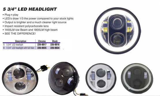 5-3/4" Replacement Motorcycle LED Headlight with or without Halo